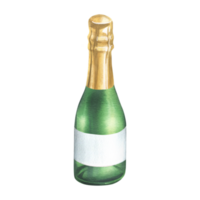 A close green bottle with champagne, a golden wrapper and an empty white label. Watercolor illustration, hand drawn. Isolated object png