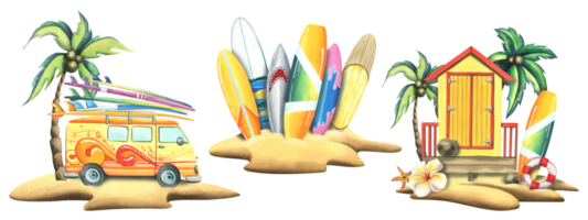 een geel busje met surfplanken en strand cabine Aan een zanderig eiland met een kokosnoot palm. waterverf illustratie hand- getrokken. geïsoleerd composities png