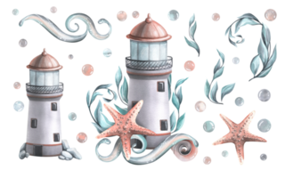 A marine lighthouse with algae, a starfish, shells and a wave of water. Watercolor illustration. A set objects of a large set of WHALES. For decoration and design of the beach, summer, travel png