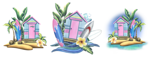 The beach cabin is striped, wooden pink and blue. With surfboards, tropical leaves, flowers and sea waves. Watercolor illustration, hand drawn. A set isolated compositions png