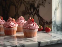 Homemade pink sweet cupcakes strawberries. photo