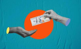 Big businessman hand gives money dollars on blue paper background. photo