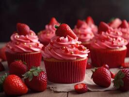 Homemade pink sweet cupcake with strawberries. photo