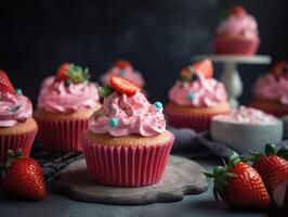 Homemade pink sweet cupcake with strawberries. photo