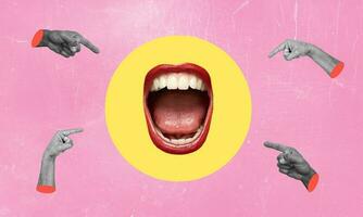 Fashionable abstract collage in magazine style. A woman's screaming mouth and fingers around on a pink background. photo