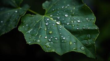 Close up view of raindrops on green leaf. photo