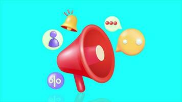 Megaphon Lautsprecher mit Benachrichtigung Glocke Symbol, Profil, verwerfen und Text Ballon Animation Symbol 3d Elemente. perfekt zum Werbung Benachrichtigungen und Sozial Medien video
