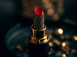 luxurious red lipstick on dark background. Generative AI photo