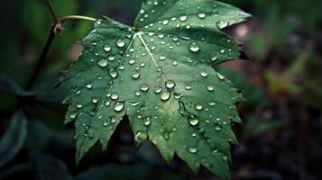 Close up view of raindrops on green leaf. photo