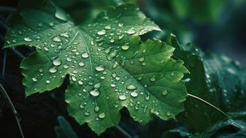 Close up view of raindrops on green leaf. photo