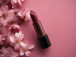 Top view of pretty pink lipstick on pink background with flowers. Generative AI photo