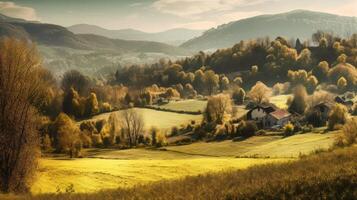 Image of mountain valley with mountains and a forest. . photo