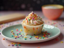 Festive Cupcake Frosting Top with Sprinkles. photo