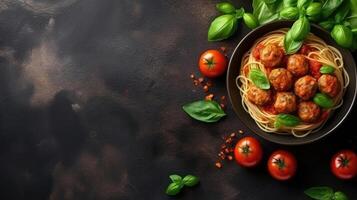 Top view of beautiful delicious tomato spaghetti with copy space, famous Italian dish. Generative AI photo