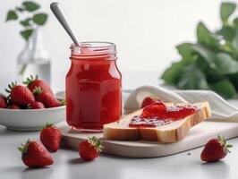 brindis con fresa mermelada para desayuno en blanco mesa. generativo ai foto