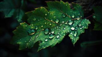 Close up view of raindrops on green leaf. photo