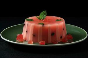 delicious watermelon pudding on a plate, black background, illustration, generative ai photo