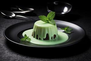 tasty mint pudding on a plate, black background, illustration, photo