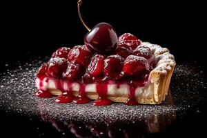 marvelous cherry pie tart on a plate, black background, illustration, photo