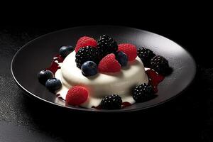 berries pannacotta on a plate, black background, illustration, photo