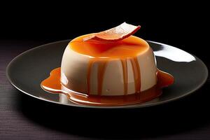 marvelous caramel pannacotta on a plate, black background, illustration, photo