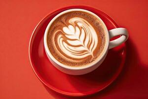 decorated tasty cappuccino coffee, illustration, red background, photo