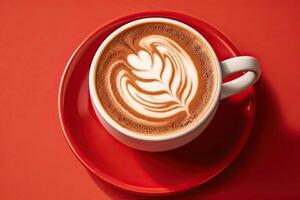 decorated tasty cappuccino coffee, illustration, red background, photo