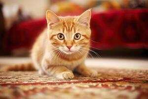 sweet red cat on carpet in living room, photo