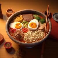 delicious bowl of steamy ramen with eggs and beef, illustration, photo