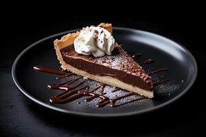 marvelous chocolate pie on a plate, black background, illustration, photo