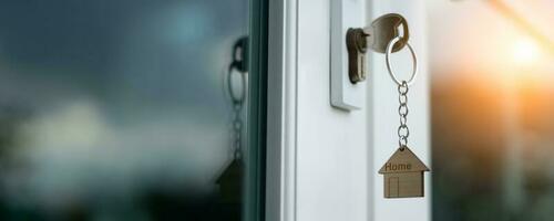 la llave del propietario para desbloquear la casa está enchufada en la puerta. casa de segunda mano en alquiler y venta. llavero está soplando en el viento. hipoteca para casa nueva, compra, venta, renovación, inversión, propietario, patrimonio foto