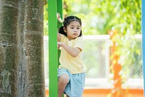 Cute asian girl smile climbing ladder and play on school or kindergarten yard or playground. Healthy summer activity for children. Little asian girl funny happy. Child playing on outdoor playground. photo