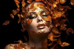 Woman with autumn leaves wreath. Portrait of girl in dreamy fall mood with scattered leaves. . photo
