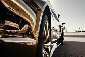 Futuristic sportscar detail closeup. Shiny rim of a supercar. Racing concept with abstract car. . photo
