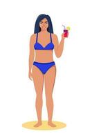 Woman dressed in swimsuit standing on the beach with cocktail in her hand and smiling. Summer vacations. Beautiful sexy girl in bikini. Vector illustration.