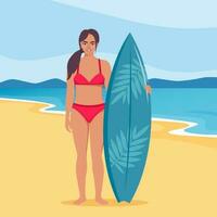 Young woman surfer with surfboard standing on the beach. Smiling surfer girl. Vector illustration.