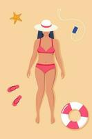 hermosa joven mujer en traje de baño toma el sol en el playa. parte superior ver playa antecedentes. verano hora vacaciones vector ilustración.