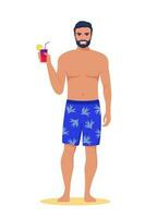 hombre en pantalones cortos en pie en el playa con cóctel en su mano y sonriente. verano vacaciones hermosa chico en nadando bañador. vector ilustración.