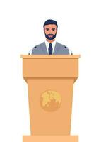 Man in a business suit stands on a rostrum in front of the microphones. Man orator speaking from tribune. Vector illustration.