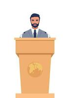 Man in a business suit stands on a rostrum in front of the microphones. Man orator speaking from tribune. Vector illustration.