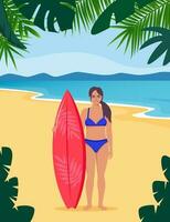 Young woman surfer with surfboard standing on the beach. Smiling surfer girl. Vector illustration.