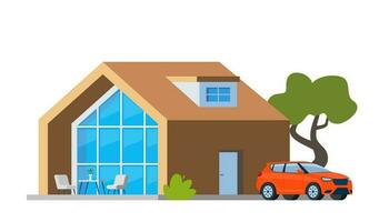 Beautiful modern house with car. Luxury villa exterior, country cottage, family home, real estate and SUV car. Smart house concept. Vector illustration.