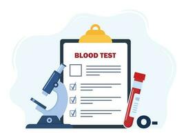 Analysis to determine the blood group. Medical blood test concept. Patient blood in test tubes, microscope, exam checklist. Vector illustration.