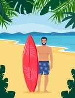 Young man surfer with surfboard standing on the beach. Smiling surfer guy. Vector illustration.