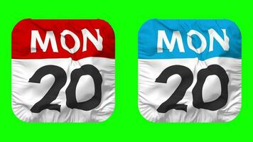 Twentieth, 20th Monday Date Calendar Seamless Looping Squire Cloth Icon, Looped Bump and Plain Fabric Texture Waving Slow Motion, 3D Rendering, Green Screen, Alpha Matte video