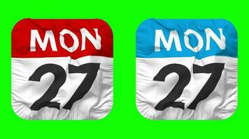 Twenty Seventh, 27th Monday Date Calendar Seamless Looping Squire Cloth Icon, Looped Bump and Plain Fabric Texture Waving Slow Motion, 3D Rendering, Green Screen, Alpha Matte video