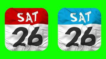Twenty Sixth, 26th Saturday Date Calendar Seamless Looping Squire Cloth Icon, Looped Bump and Plain Fabric Texture Waving Slow Motion, 3D Rendering, Green Screen, Alpha Matte video
