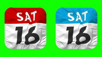 Sixteenth, 16th Saturday Date Calendar Seamless Looping Squire Cloth Icon, Looped Bump and Plain Fabric Texture Waving Slow Motion, 3D Rendering, Green Screen, Alpha Matte video