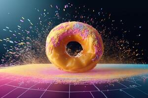Donut expressive shot with topping and sugar powder splash. Tasty donut food styling image. . photo