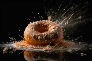 Donut expressive shot with topping and sugar powder splash. Tasty donut food styling image. Generative AI. photo